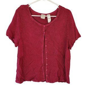 Emma James Shirt Top Women's L Cranberry Red Crochet Knit Short Sleeve Button